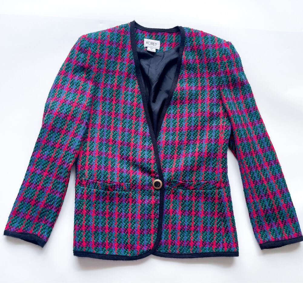 Vintage 80s Koret Single Button Colorful Plaid Collarless Blazer Size 8